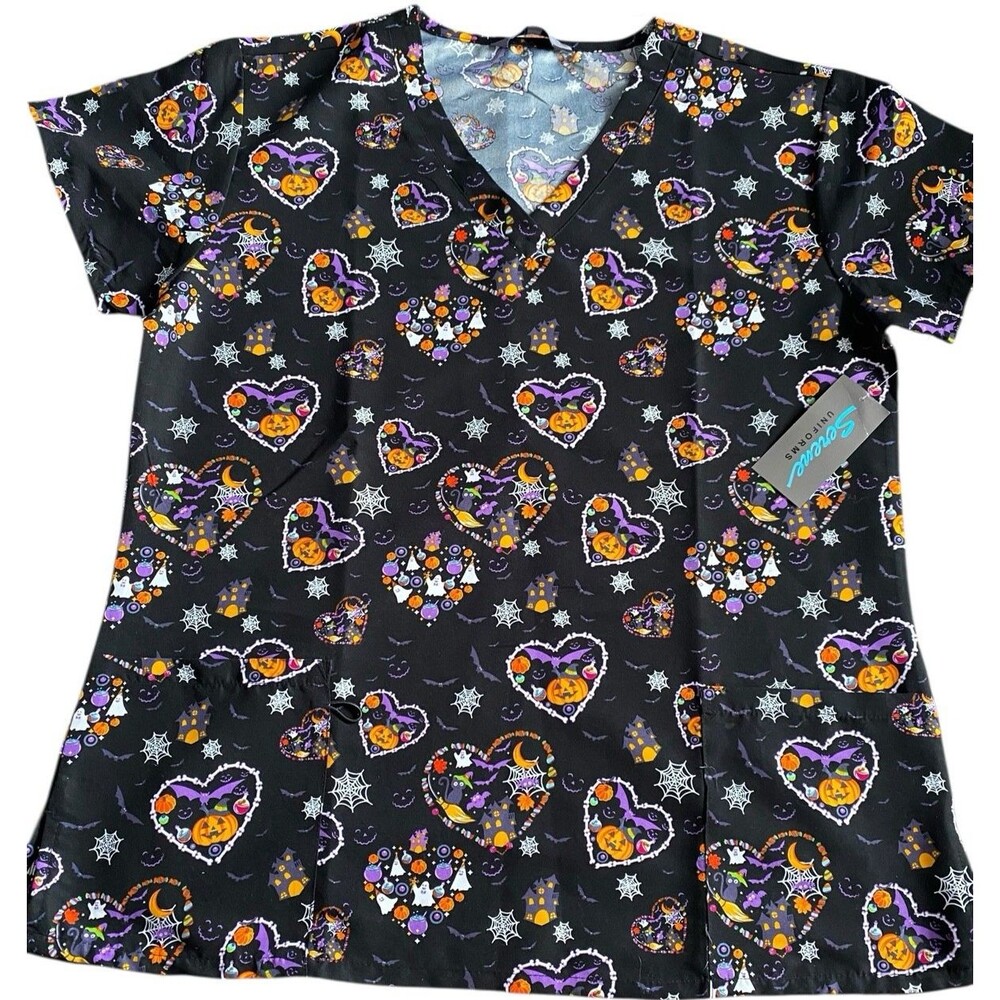 Serene Uniforms Halloween Scrub Top XL Black Ghost Cat Pumpkin Print NWT